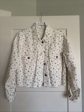 Wishlist White Denim Crop Jacket with Pink Floral Print